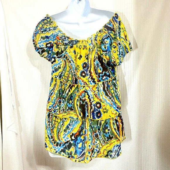 Colorful Off Shoulder Short Sleeve Ruffled Top - Picture 5 of 6